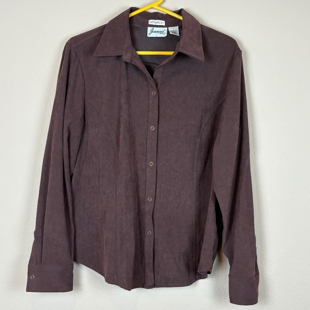 Joanna Stretch Faux Suede Long Sleeve Button Down Brown Blouse; Size L